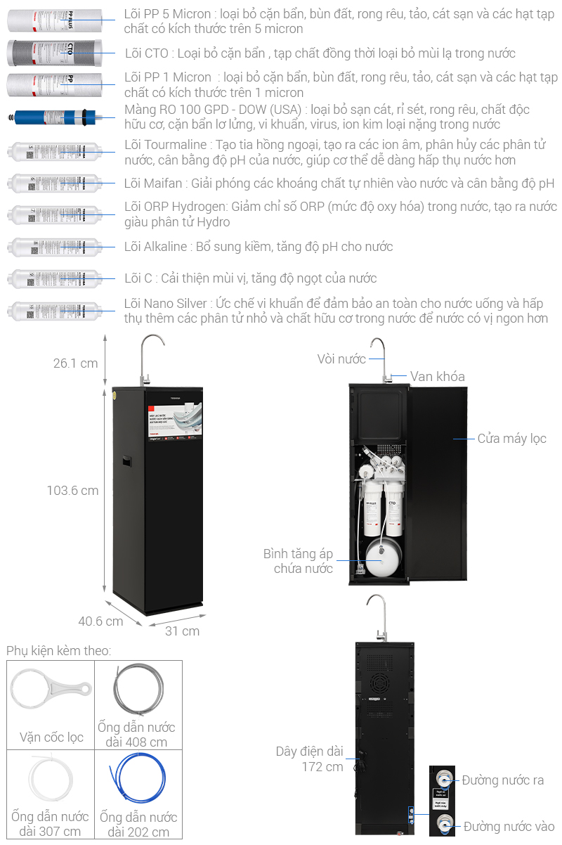 Máy lọc nước RO Hydrogen Toshiba TWP-NA1SVN(K) 10 lõi