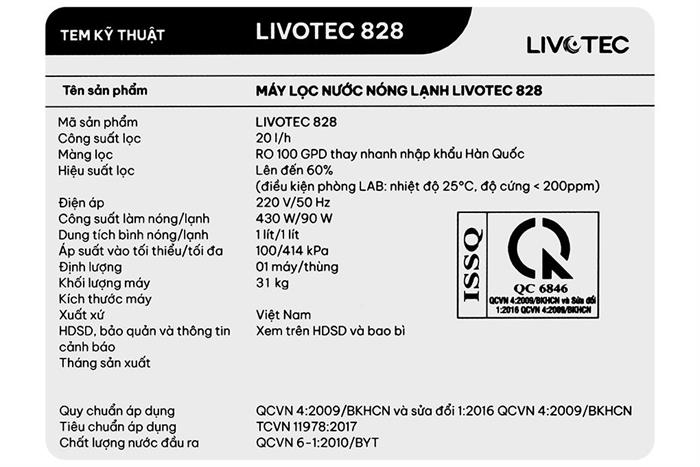 Máy lọc nước RO nóng nguội lạnh Hydrogen Livotec 828 12 lõi Màu Đen