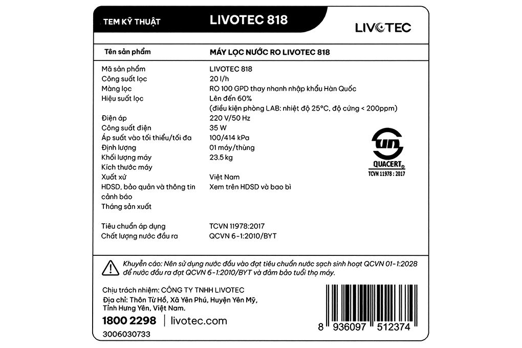 Máy lọc nước RO Hydrogen Livotec 818 12 lõi Màu Đen