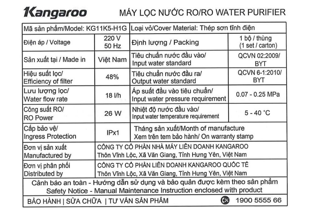Máy lọc nước RO Hydrogen Kangaroo KG11K5-H1G 11 lõi - 12