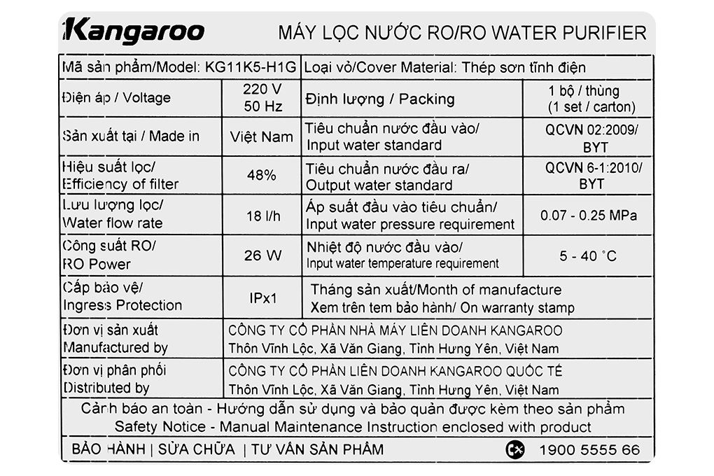 Máy lọc nước RO Hydrogen Kangaroo KG11K5-H1G 11 lõi Màu Trắng