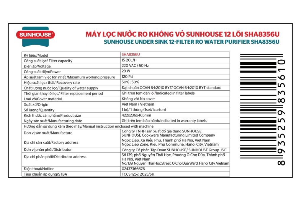 Máy lọc nước RO Sunhouse SHA8356U 12 lõi - 11