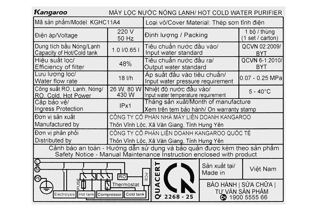 Máy lọc nước RO nóng nguội lạnh Hydrogen ion kiềm Kangaroo KGHC11A4 11 lõi Màu Đen