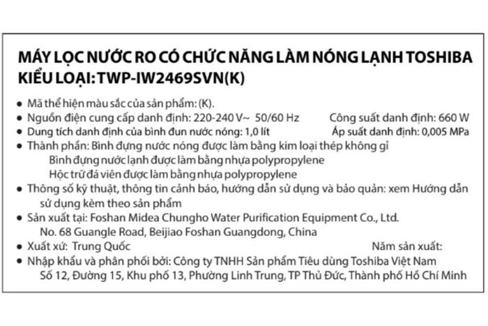 Máy lọc nước RO nóng lạnh và làm đá Toshiba TWP-IW2469SVN(K) 10 lõi Màu Đen