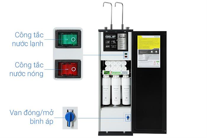 Máy lọc nước RO nóng nguội lạnh Hydrogen Kangaroo KG12S3H3 12 lõi Màu Đen