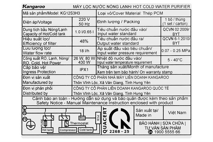 Máy lọc nước RO nóng nguội lạnh Hydrogen Kangaroo KG12S3H3 12 lõi Màu Đen