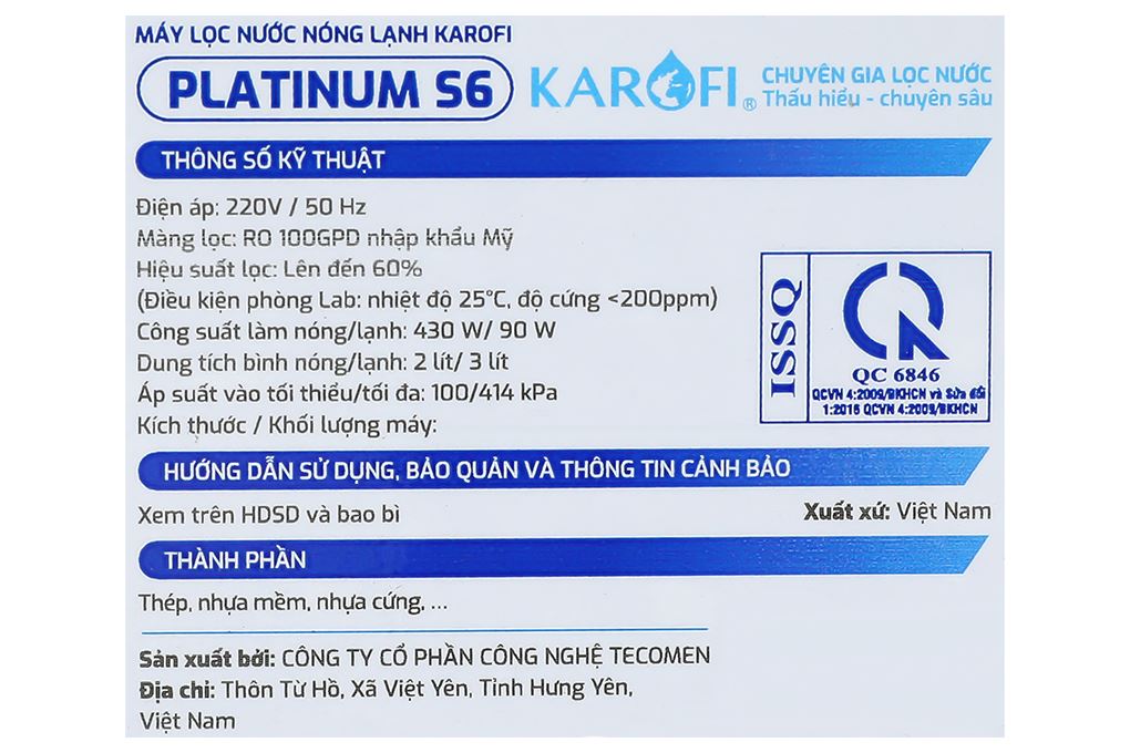 Máy lọc nước RO nóng nguội lạnh Karofi Platinum S6 12 lõi Màu Đen - Xám
