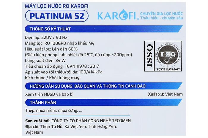 Máy lọc nước RO Karofi Platinum S2 12 lõi Màu Đen - Xám