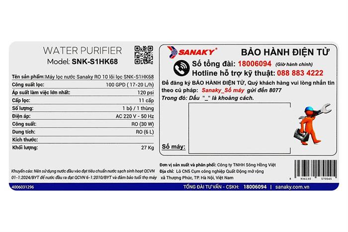 Máy lọc nước RO Hydrogen Sanaky SNK-S1HK68 10 lõi Màu Xanh đen