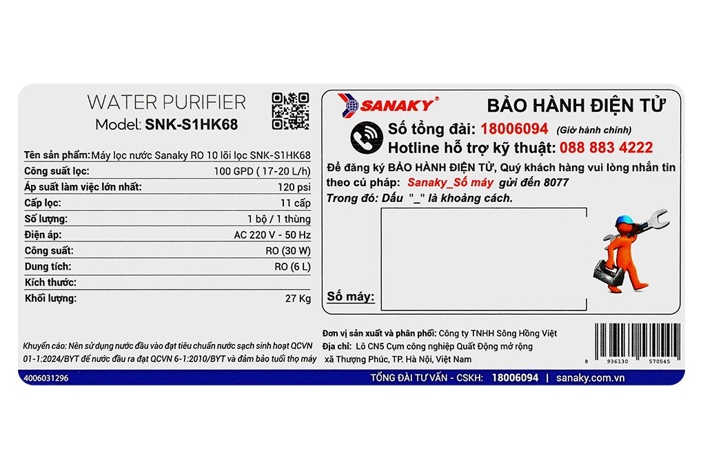 Máy lọc nước RO Hydrogen Sanaky SNK-S1HK68 10 lõi Màu Xanh đen