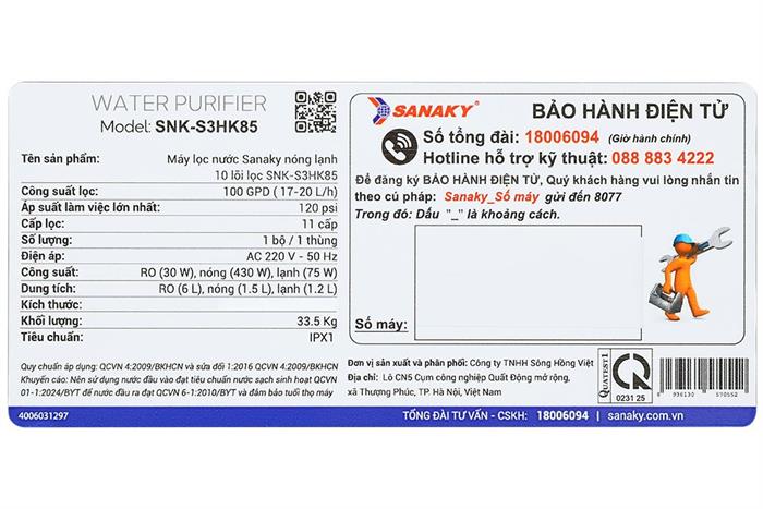 Máy lọc nước RO nóng nguội lạnh Hydrogen Sanaky SNK-S3HK85 10 lõi Màu Xanh đen