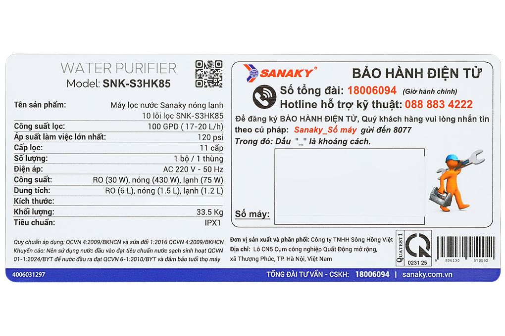 Máy lọc nước RO nóng nguội lạnh Hydrogen Sanaky SNK-S3HK85 10 lõi Màu Xanh đen