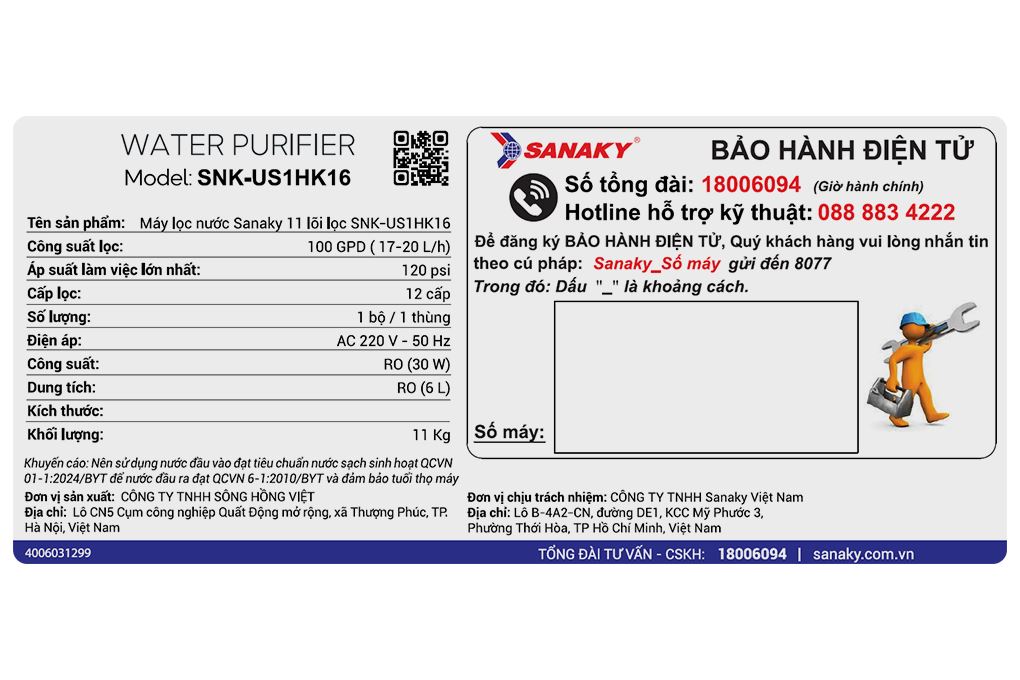 Máy lọc nước RO Sanaky Hydrogen SNK-US1HK16 11 lõi Màu Trắng
