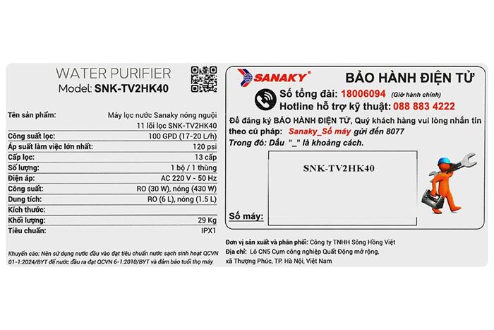 Máy lọc nước RO nóng nguội Hydrogen Sanaky SNK-TV2HK40 11 lõi Màu Xanh dương đậm