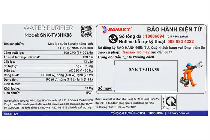 Máy lọc nước RO nóng nguội lạnh Hydrogen Sanaky SNK-TV3HK88 11 lõi Màu Nâu