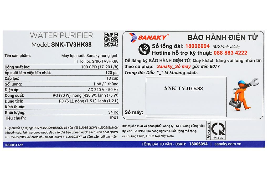 Máy lọc nước RO nóng nguội lạnh Hydrogen Sanaky SNK-TV3HK88 11 lõi Màu Nâu