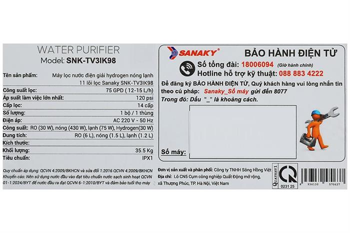 Máy lọc nước RO nóng nguội lạnh Hydrogen ion kiềm Sanaky SNK-TV3IK98 11 lõi Màu Đen - nâu