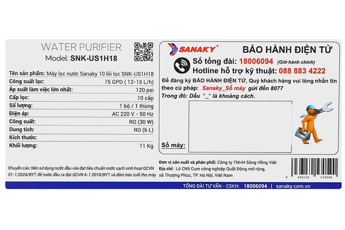 Máy lọc nước RO Hydrogen Sanaky SNK-US1H18 10 lõi Màu Đen