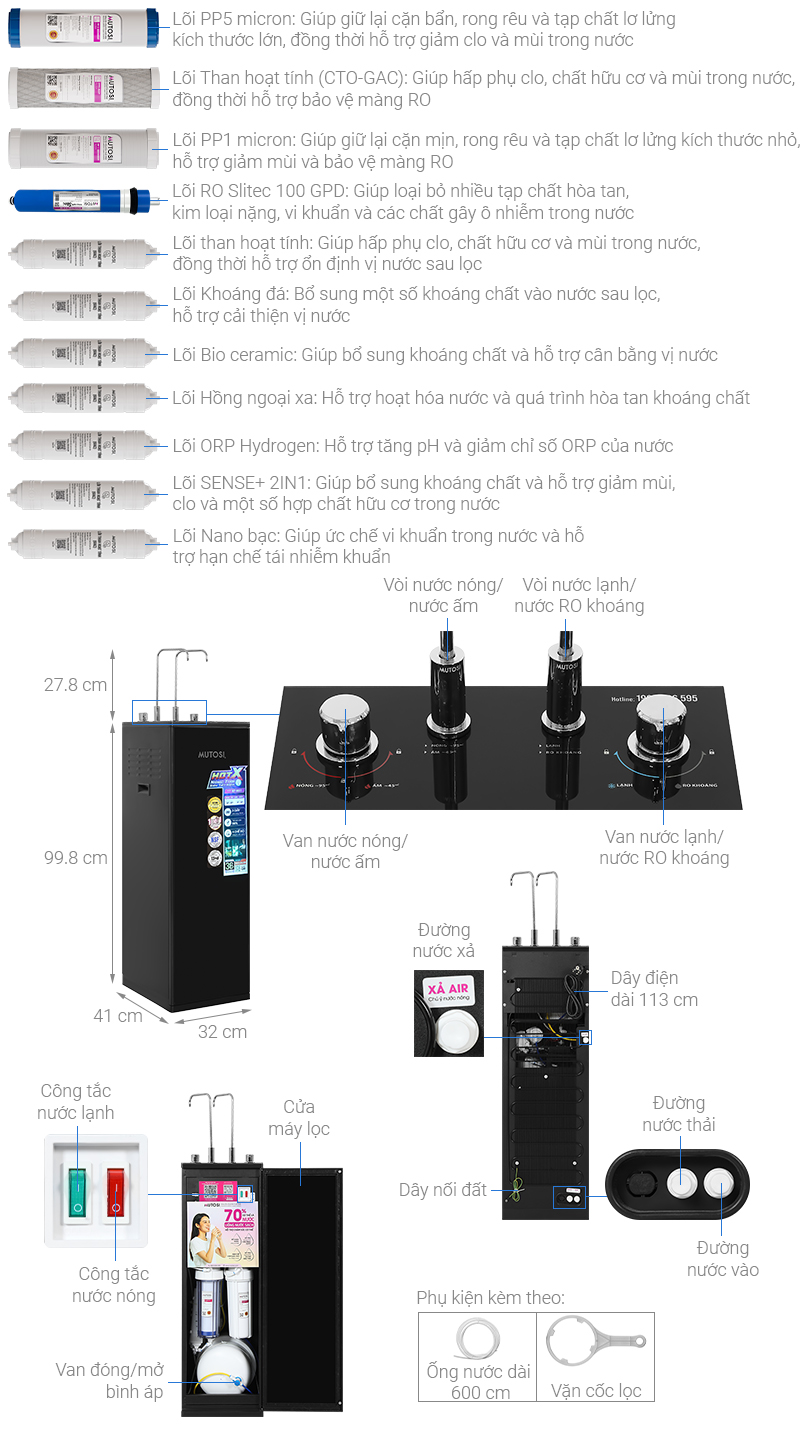 Máy lọc nước RO nóng nguội lạnh Mutosi MP-N911 11 lõi