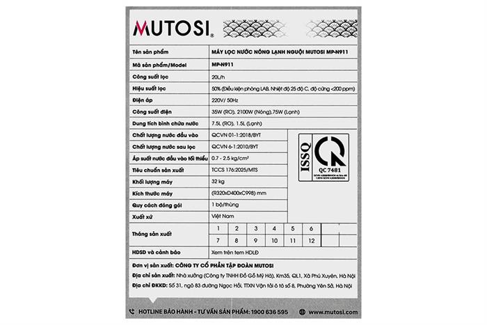 Máy lọc nước RO nóng nguội lạnh Mutosi MP-N911 11 lõi Màu Đen