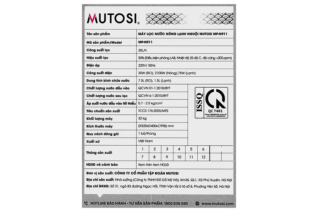 Máy lọc nước RO nóng nguội lạnh Mutosi MP-N911 11 lõi Màu Đen