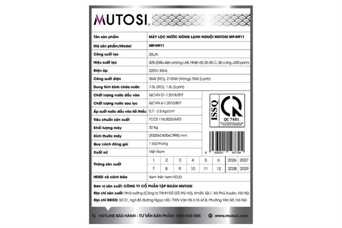 Máy lọc nước RO nóng nguội lạnh Mutosi MP-N911 11 lõi Màu Đen