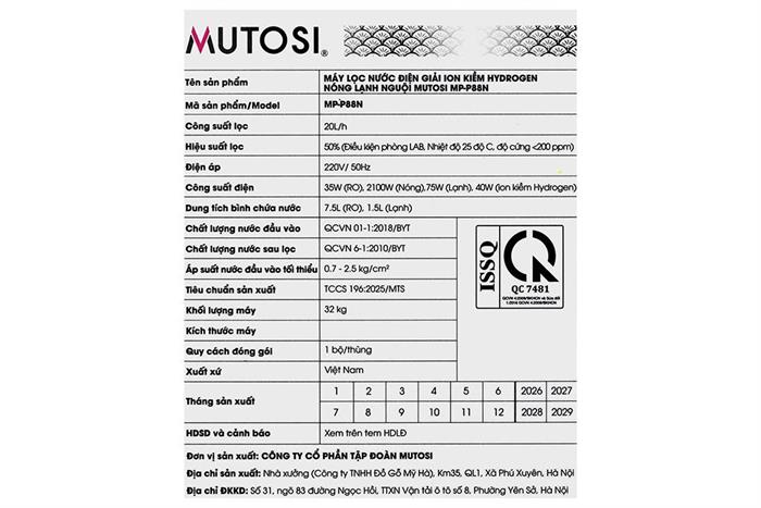 Máy lọc nước RO nóng nguội lạnh Hydrogen ion kiềm Mutosi MP-P88N 10 lõi Màu Đen