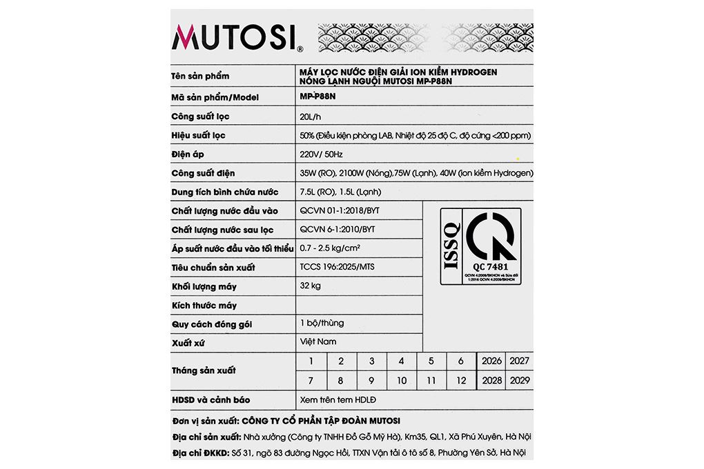 Máy lọc nước RO nóng nguội lạnh Hydrogen ion kiềm Mutosi MP-P88N 10 lõi Màu Đen