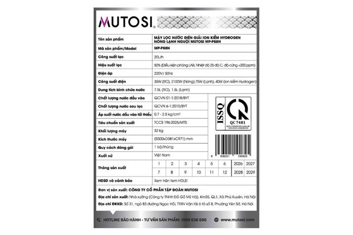 Máy lọc nước RO nóng nguội lạnh Hydrogen ion kiềm Mutosi MP-P88N 10 lõi Màu Đen