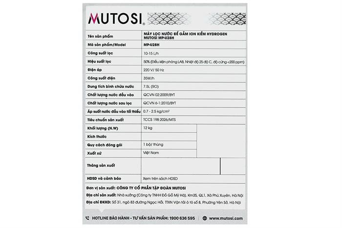Máy lọc nước RO Hydrogen ion kiềm Mutosi MP-U28H 11 lõi Màu Trắng