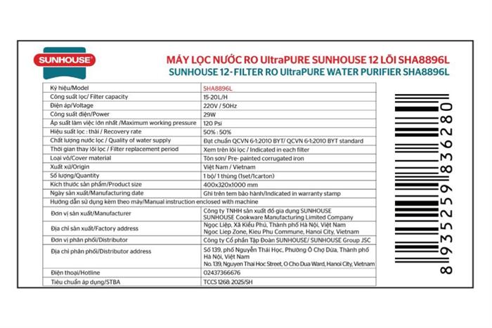Máy lọc nước RO Hydrogen Sunhouse UltraPure SHA8896L 12 lõi Màu Trắng/Đen