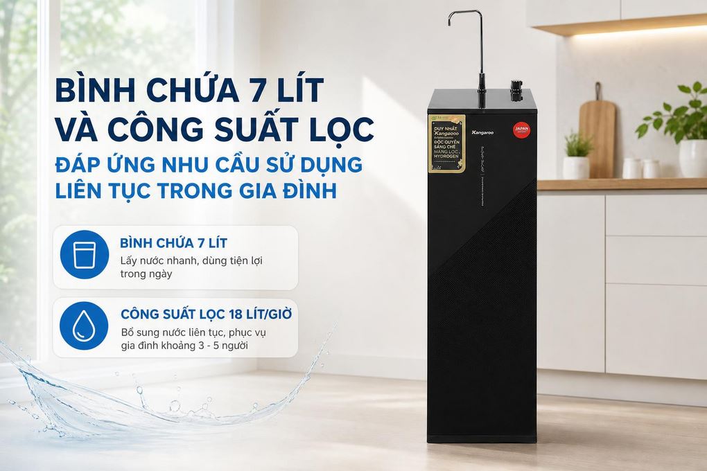 Máy lọc nước RO Hydrogen Kangaroo KG12S1H1 12 lõi - Bình chứa 7 lít và công suất lọc đáp ứng nhu cầu sử dụng liên tục trong gia đình