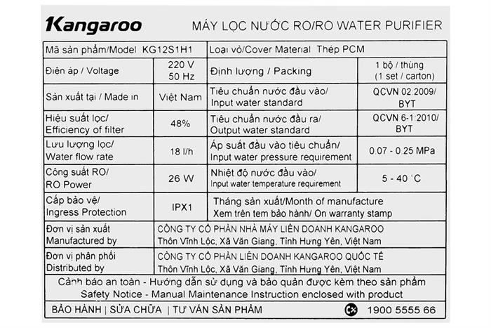 Máy lọc nước RO Hydrogen Kangaroo KG12S1H1 12 lõi Màu Đen