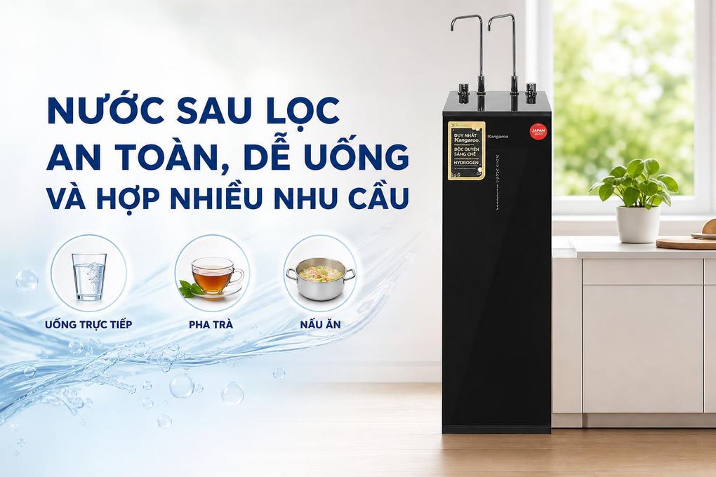 Máy lọc nước RO nóng nguội lạnh Hydrogen Kangaroo KG12S2H4 12 lõi - Nước sau lọc an toàn, dễ uống và hợp nhiều nhu cầu