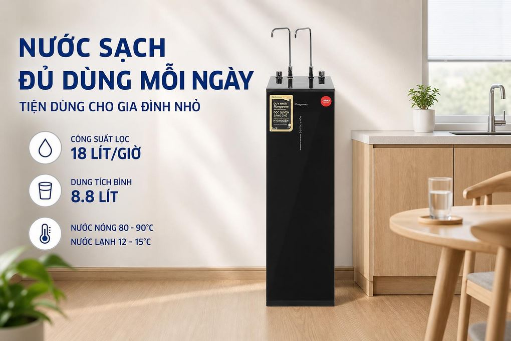 Máy lọc nước RO nóng nguội lạnh Hydrogen Kangaroo KG12S2H4 12 lõi - Công suất và dung tích đủ dùng cho gia đình nhỏ