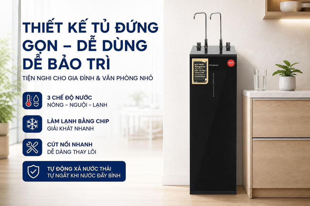 Máy lọc nước RO nóng nguội lạnh Hydrogen Kangaroo KG12S2H4 12 lõi - Thiết kế tủ đứng gọn, dễ dùng và thuận tiện bảo trì
