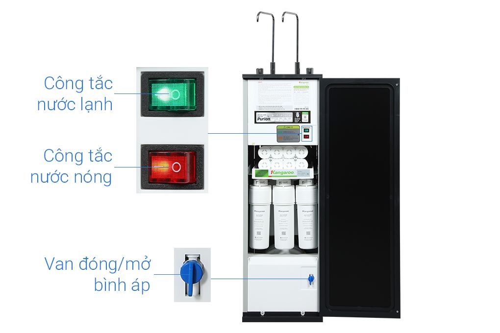 Máy lọc nước RO nóng nguội lạnh Hydrogen Kangaroo KG12S2H4 12 lõi Màu Đen