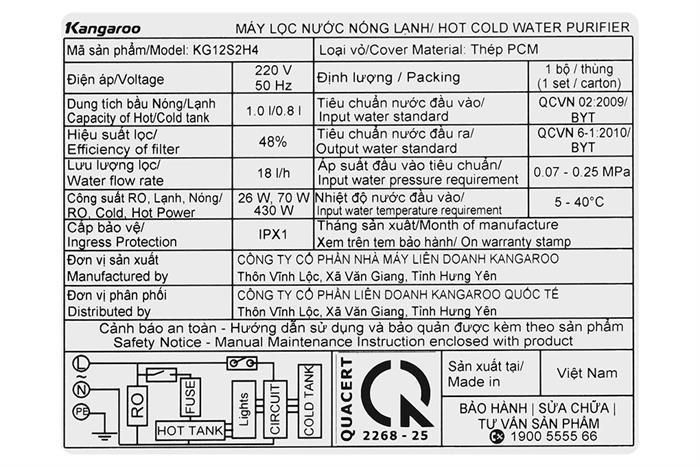 Máy lọc nước RO nóng nguội lạnh Hydrogen Kangaroo KG12S2H4 12 lõi Màu Đen