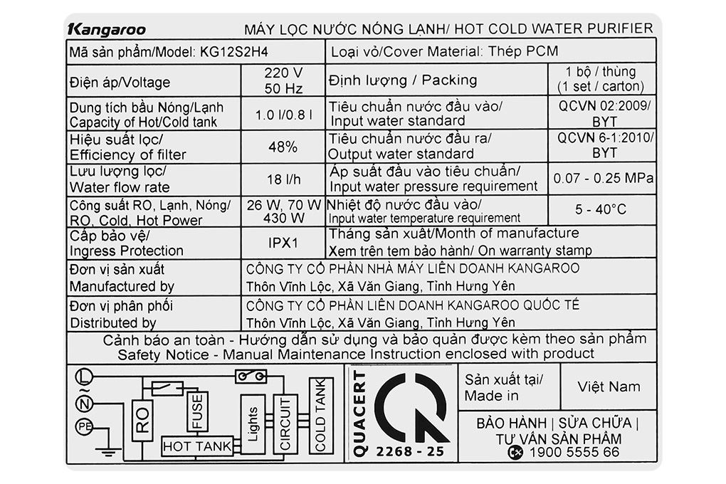 Máy lọc nước RO nóng nguội lạnh Hydrogen Kangaroo KG12S2H4 12 lõi Màu Đen