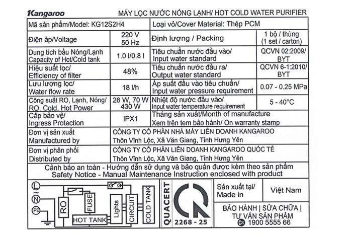 Máy lọc nước RO nóng nguội lạnh Hydrogen Kangaroo KG12S2H4 12 lõi Màu Đen