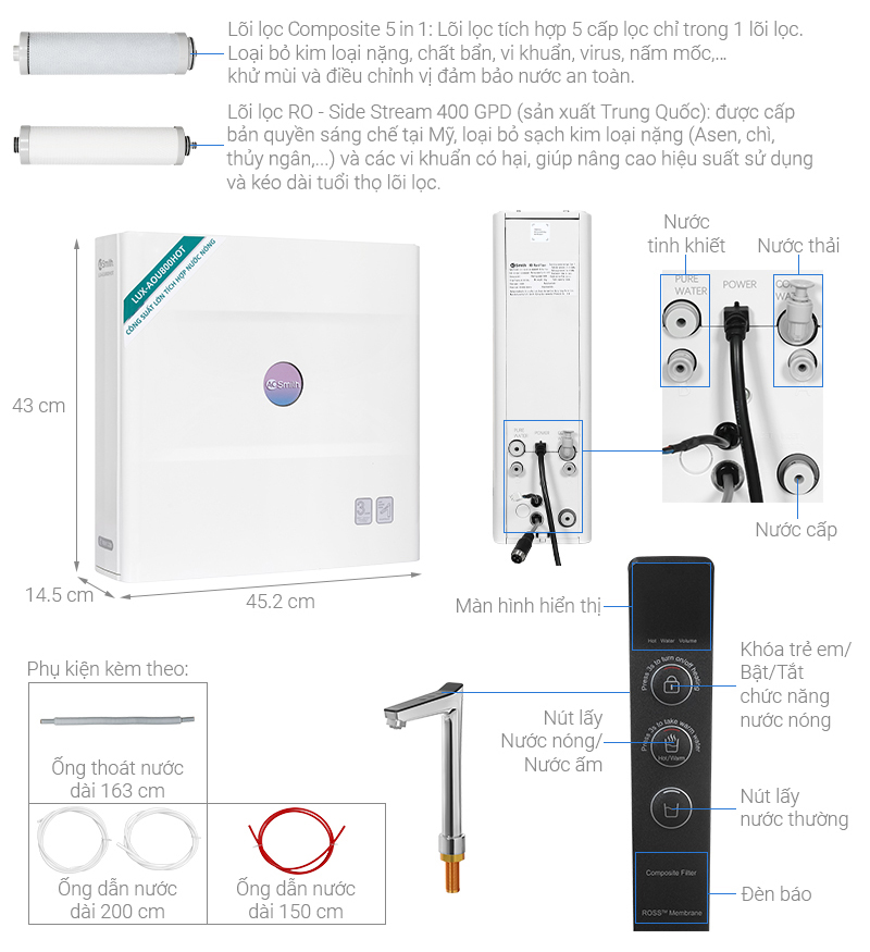 Máy lọc nước RO nóng nguội AOSmith LUX-AOU800HOT 2 lõi