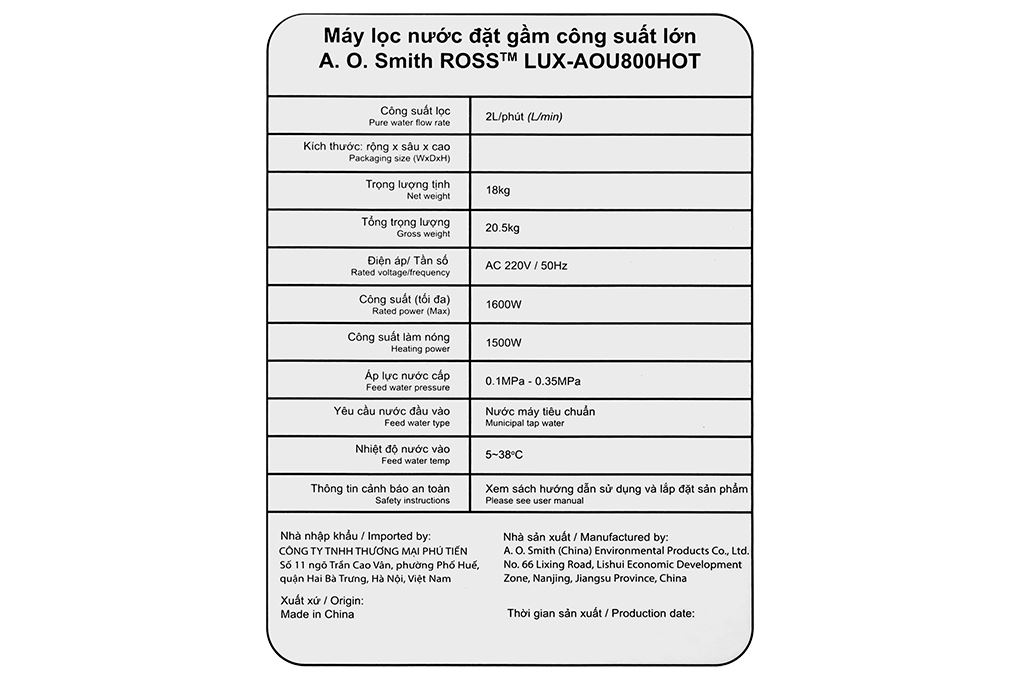 Máy lọc nước RO nóng nguội AOSmith LUX-AOU800HOT 2 lõi Màu Trắng/Đen