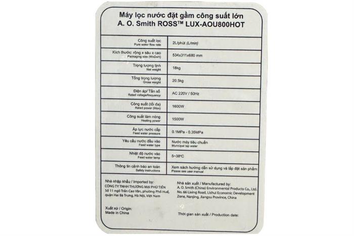 Máy lọc nước RO nóng nguội AOSmith LUX-AOU800HOT 2 lõi Màu Trắng/Đen