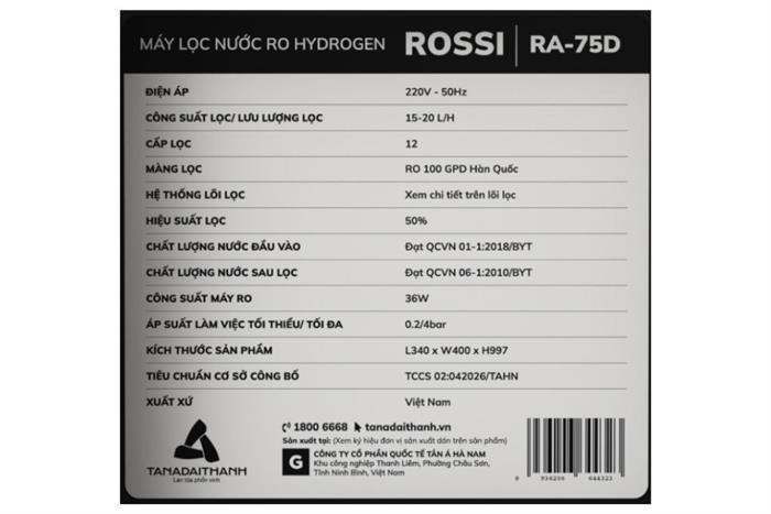 Máy lọc nước RO Hydrogen Rossi RA-75D 12 lõi Màu Trắng/Đen
