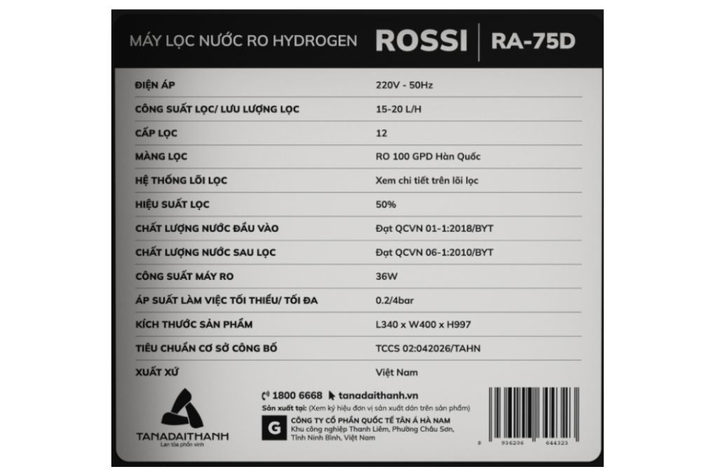 Máy lọc nước RO Hydrogen Rossi RA-75D 12 lõi Màu Trắng/Đen