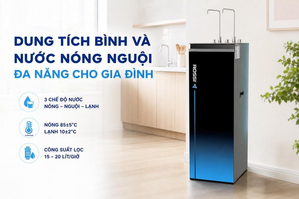 Máy lọc nước RO nóng nguội lạnh Hydrogen Rossi RA-X96D 12 lõi Màu Trắng/Đen