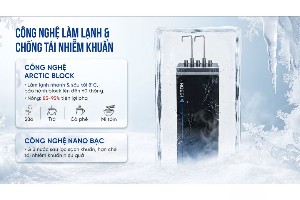 Máy lọc nước RO nóng nguội lạnh Hydrogen Rossi RA-X96D 12 lõi Màu Trắng/Đen