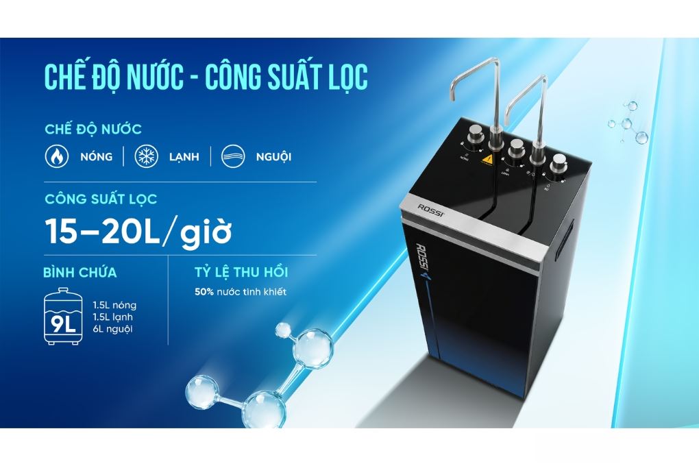 Máy lọc nước RO nóng nguội lạnh Hydrogen Rossi RA-X96D 12 lõi Màu Trắng/Đen