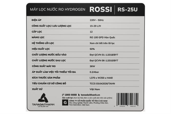 Máy lọc nước RO Hydrogen Rossi RS-25U 12 lõi Màu Trắng