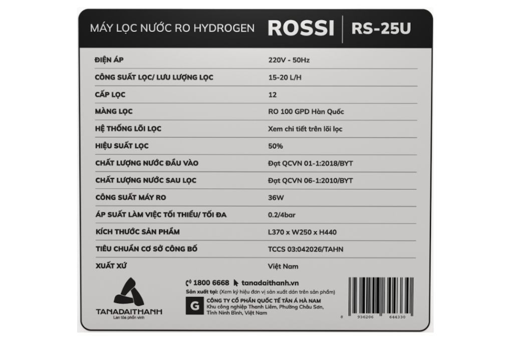 Máy lọc nước RO Hydrogen Rossi RS-25U 12 lõi Màu Trắng